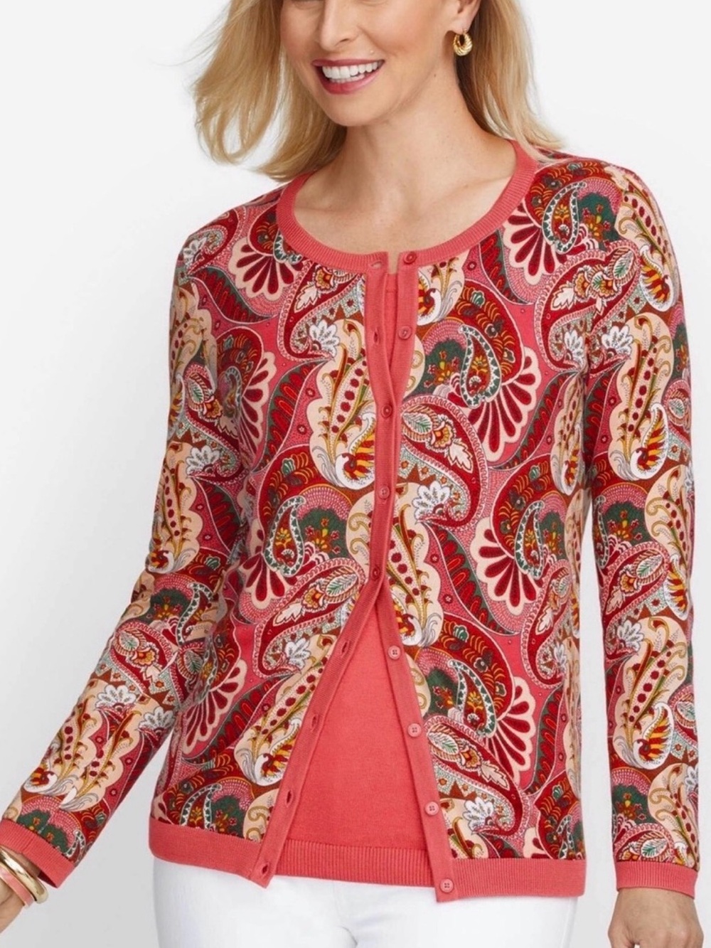 Paisley Cardigan Sweater Cotton Rayon Button Front Lightweight Fall Rosewood